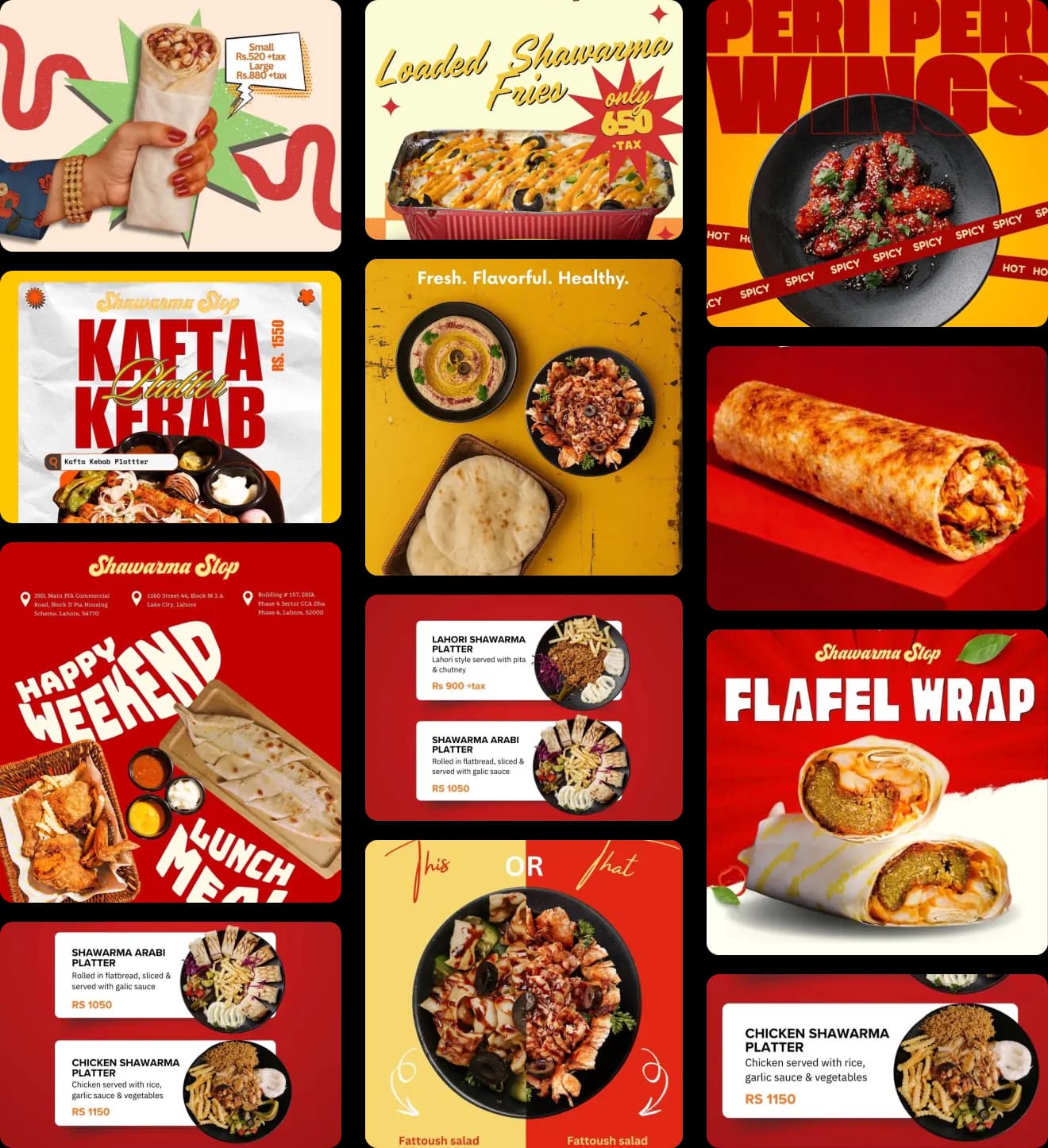 Collage of Shawarma Stop menu favorites including wraps, fries, and platters